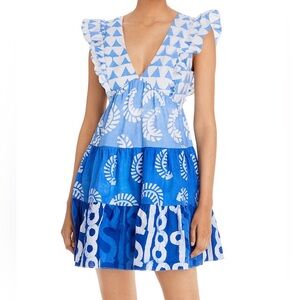 Aqua Mixed Print Tiered Mini Dress